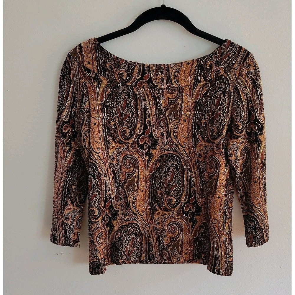 Vol 1 Vintage Top Medium Paisley Print Boat Neck Boho Chic Retro Maximalist Y2K